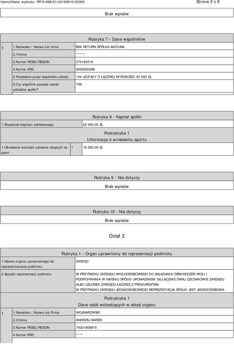 Wysokość kapitału zakładowego 62 000,00 ZŁ Podrubryka 1 Informacja o wniesieniu aportu 1.