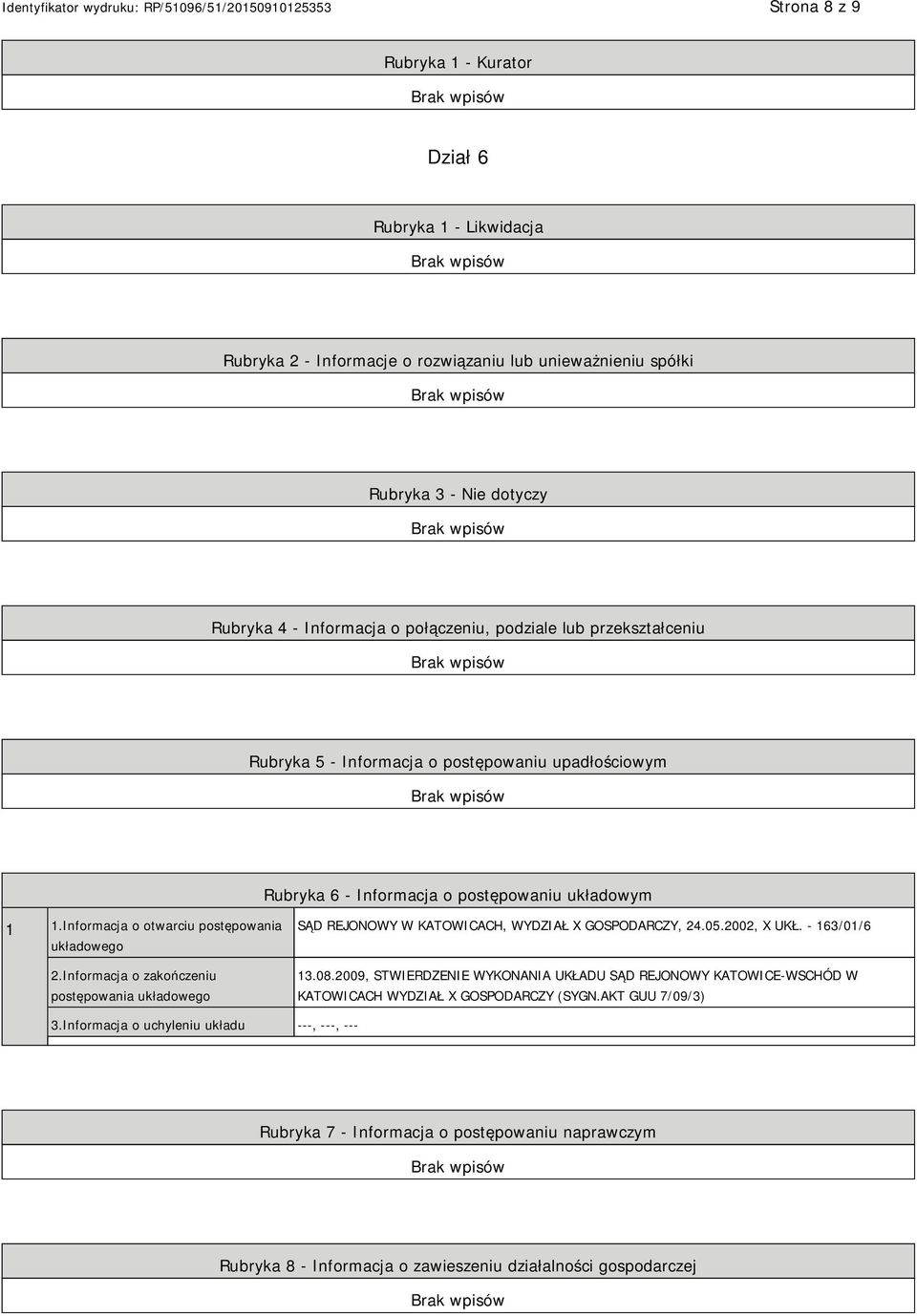 Informacja o zakończeniu postępowania układowego SĄD REJONOWY W KATOWICACH, WYDZIAŁ X GOSPODARCZY, 24.05.2002, X UKŁ. - 163/01/6 13.08.