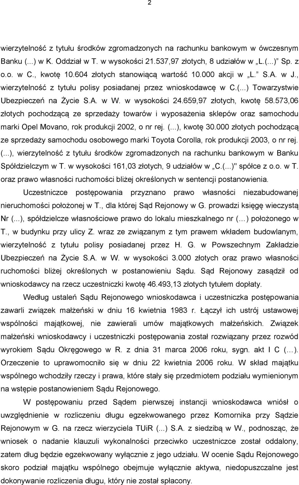 659,97 złotych, kwotę 58.573,06 złotych pochodzącą ze sprzedaży towarów i wyposażenia sklepów oraz samochodu marki Opel Movano, rok produkcji 2002, o nr rej. (...), kwotę 30.