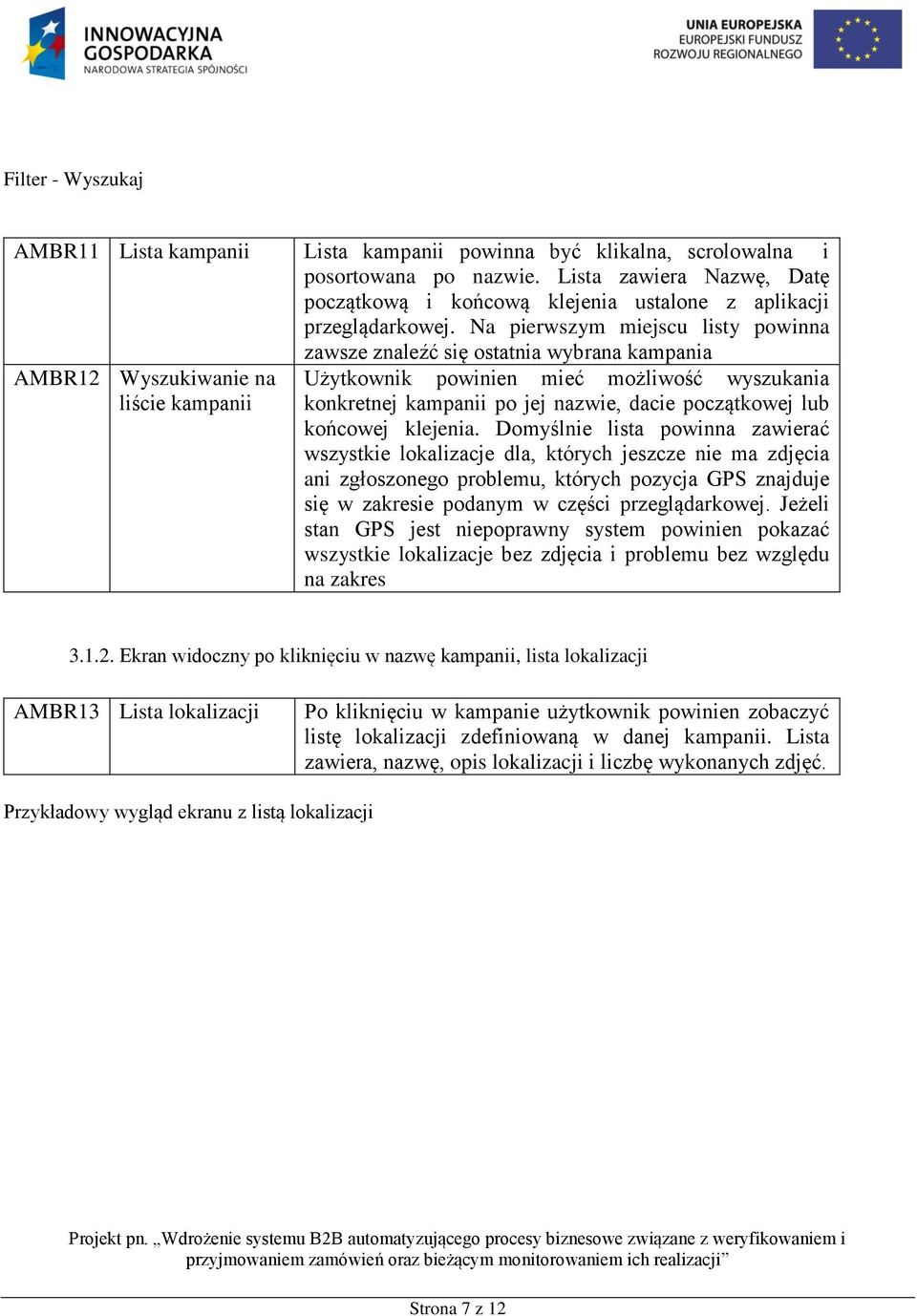 Na pierwszym miejscu listy powinna zawsze znaleźć się ostatnia wybrana kampania AMBR12 Wyszukiwanie na liście kampanii Użytkownik powinien mieć możliwość wyszukania konkretnej kampanii po jej nazwie,