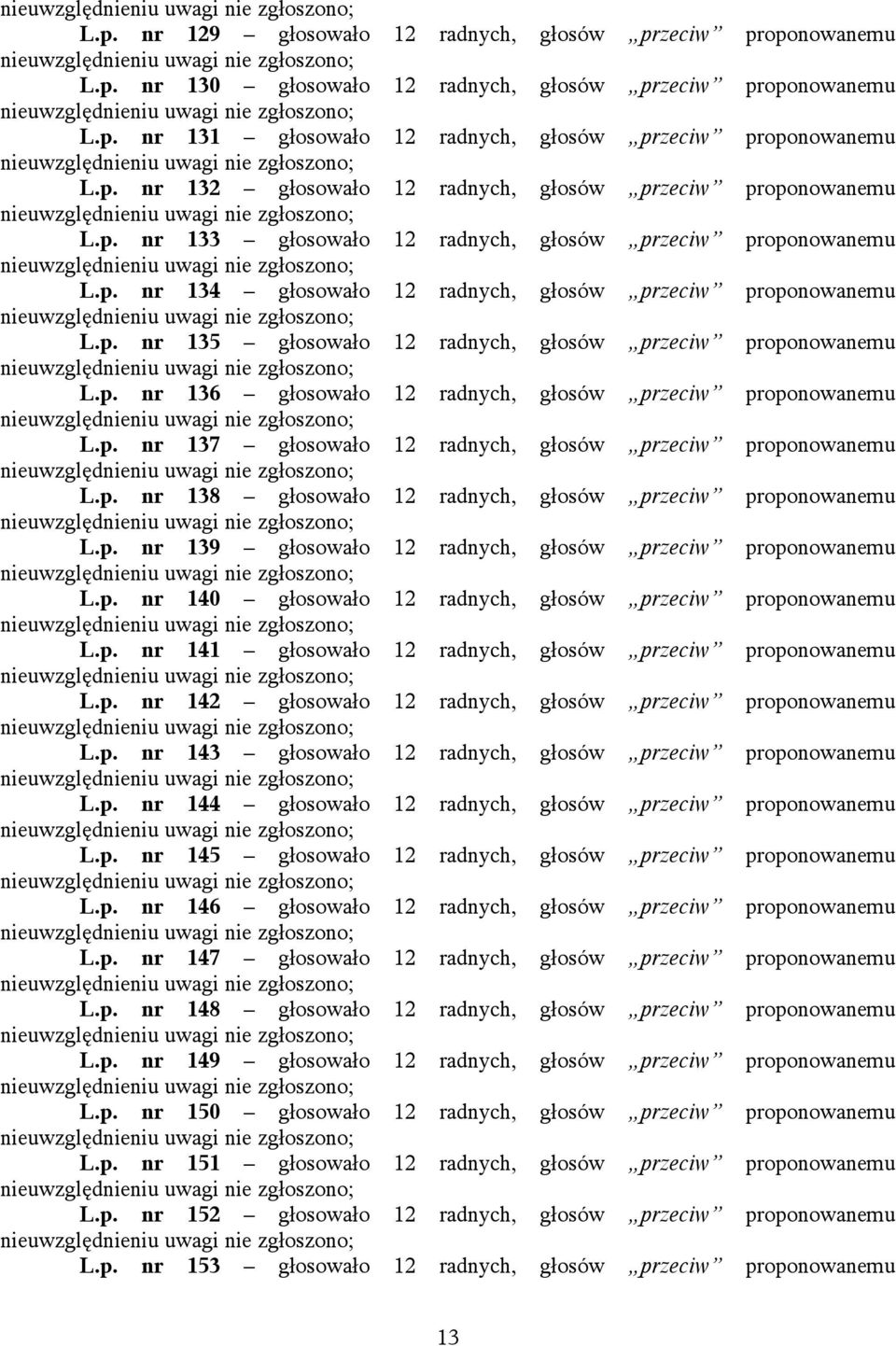 p. nr 135 głosowało 12 radnych, głosów przeciw proponowanemu nieuwzględnieniu L.p. nr 136 głosowało 12 radnych, głosów przeciw proponowanemu nieuwzględnieniu L.p. nr 137 głosowało 12 radnych, głosów przeciw proponowanemu nieuwzględnieniu L.