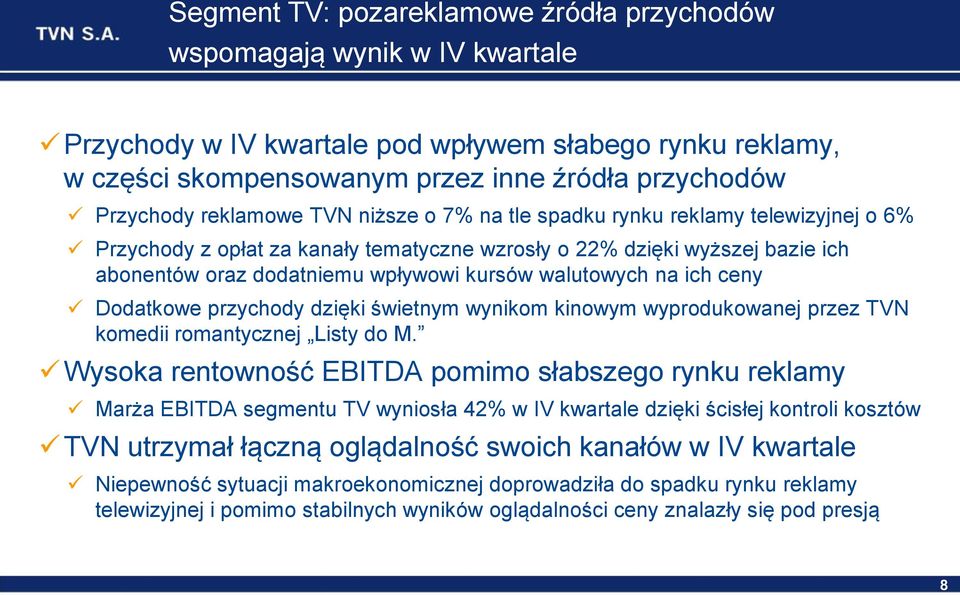 walutowych na ich ceny Dodatkowe przychody dzięki świetnym wynikom kinowym wyprodukowanej przez TVN komedii romantycznej Listy do M.