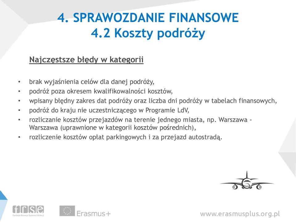 kwalifikowalności kosztów, wpisany błędny zakres dat podróży oraz liczba dni podróży w tabelach finansowych, podróż do