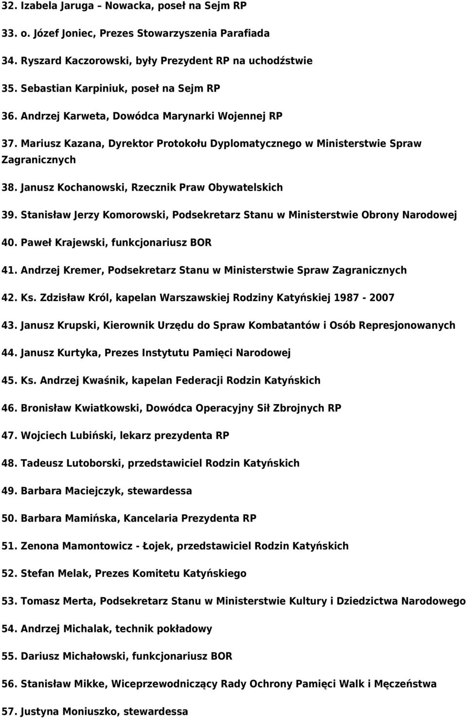 Janusz Kochanowski, Rzecznik Praw Obywatelskich 39. Stanisław Jerzy Komorowski, Podsekretarz Stanu w Ministerstwie Obrony Narodowej 40. Paweł Krajewski, funkcjonariusz BOR 41.