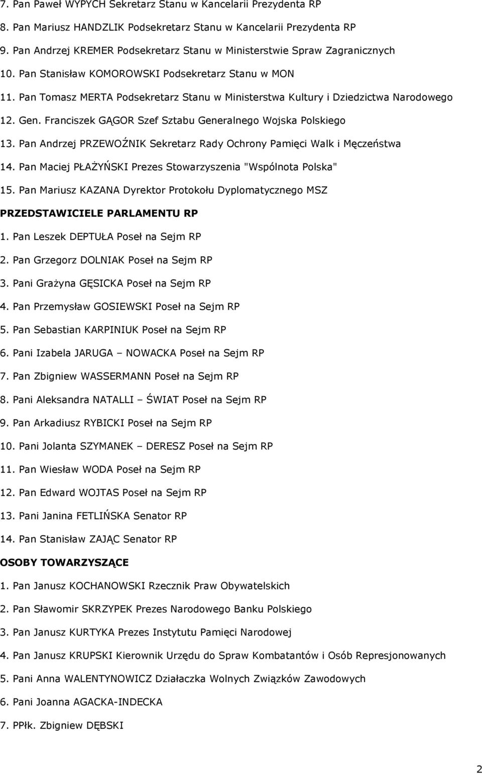Pan Tomasz MERTA Podsekretarz Stanu w Ministerstwa Kultury i Dziedzictwa Narodowego 12. Gen. Franciszek GĄGOR Szef Sztabu Generalnego Wojska Polskiego 13.