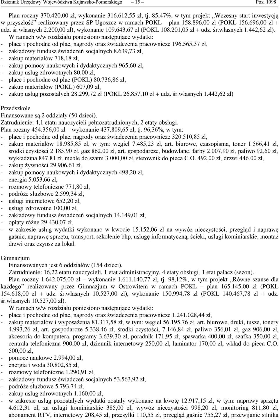 643,67 zł (POKL 108.201,05 zł + udz. śr.własnych 1.442,62 zł). W ramach w/w rozdziału poniesiono następujące wydatki: - płace i pochodne od płac, nagrody oraz świadczenia pracownicze 196.