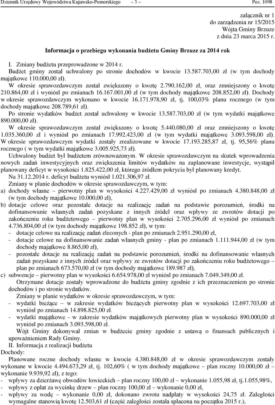 Budżet gminy został uchwalony po stronie dochodów w kwocie 13.587.703,00 zł (w tym dochody majątkowe 110.000,00 zł). W okresie sprawozdawczym został zwiększony o kwotę 2.790.