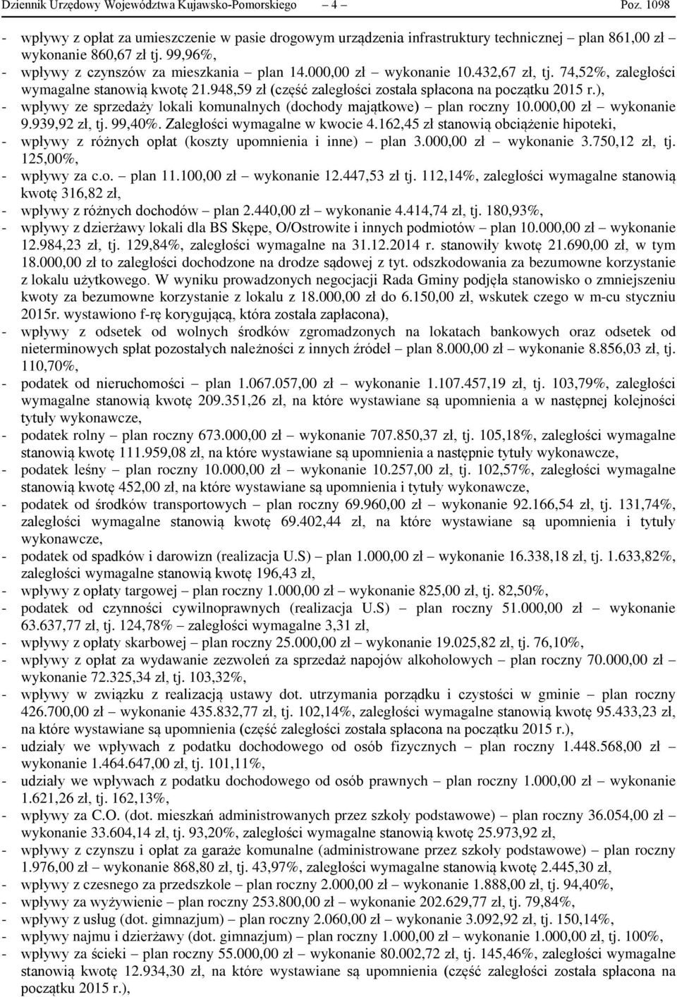 ), - wpływy ze sprzedaży lokali komunalnych (dochody majątkowe) plan roczny 10.000,00 zł wykonanie 9.939,92 zł, tj. 99,40%. Zaległości wymagalne w kwocie 4.