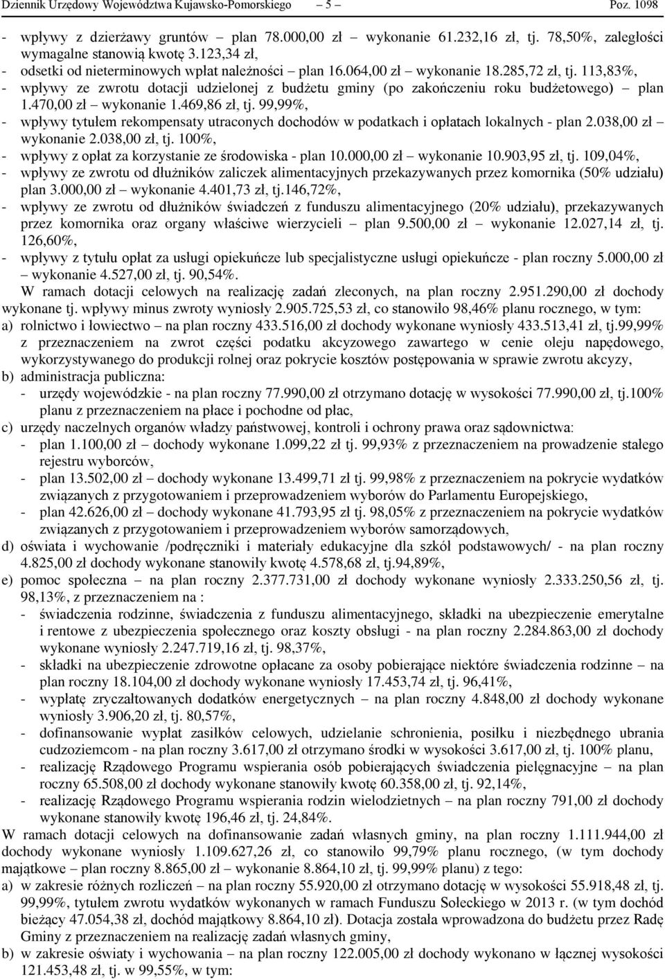 113,83%, - wpływy ze zwrotu dotacji udzielonej z budżetu gminy (po zakończeniu roku budżetowego) plan 1.470,00 zł wykonanie 1.469,86 zł, tj.