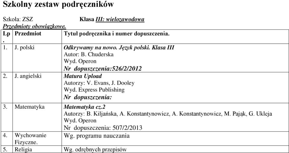 Dooley Wyd. Express Publishing Nr dopuszczenia: 3. Matematyka Matematyka cz.2 Autorzy: B. Kiljańska, A. Konstantynowicz, A.