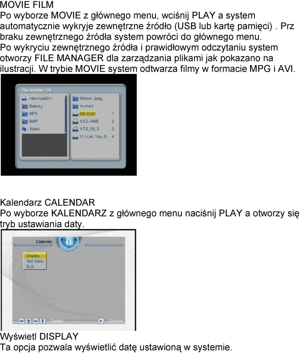 Po wykryciu zewnętrznego źródła i prawidłowym odczytaniu system otworzy FILE MANAGER dla zarządzania plikami jak pokazano na ilustracji.