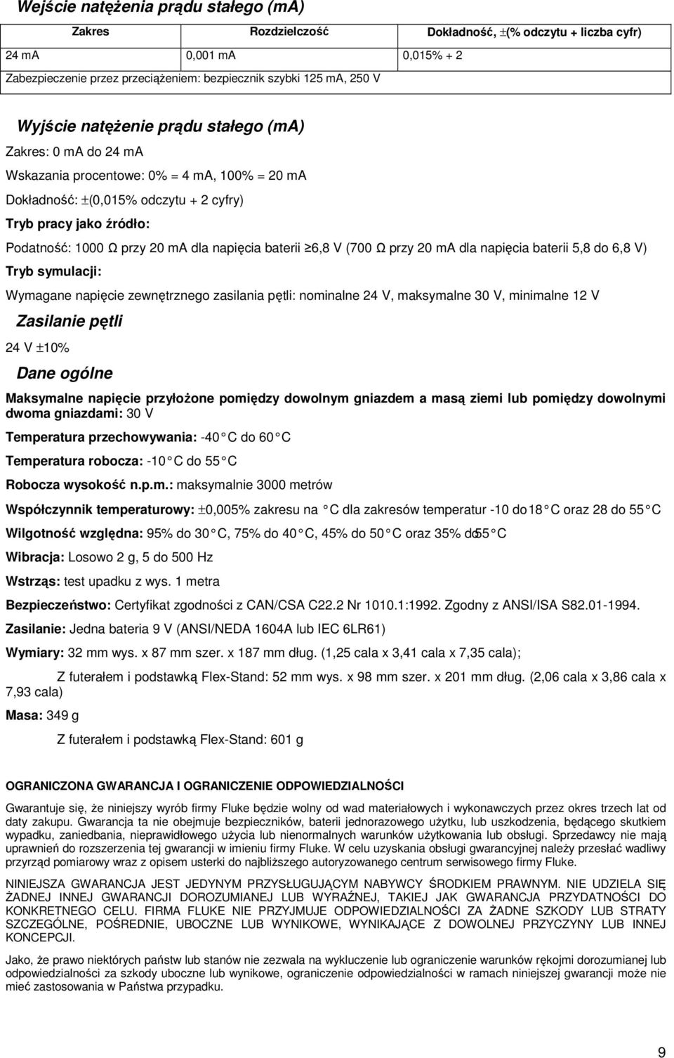 napięcia baterii 6,8 V (700 Ω przy 20 ma dla napięcia baterii 5,8 do 6,8 V) Tryb symulacji: Wymagane napięcie zewnętrznego zasilania pętli: nominalne 24 V, maksymalne 30 V, minimalne 12 V Zasilanie