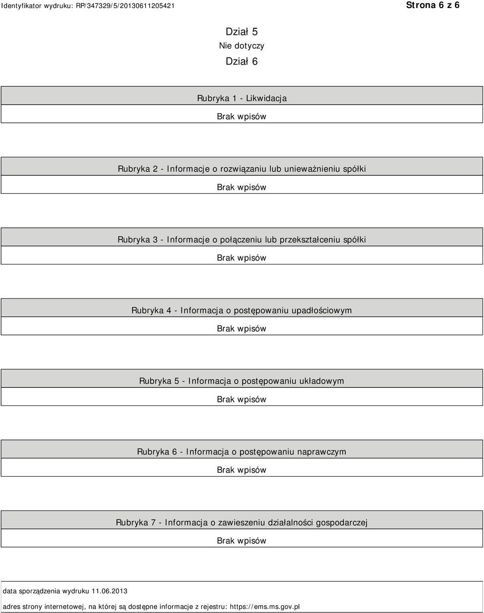 Informacja o postępowaniu układowym Rubryka 6 - Informacja o postępowaniu naprawczym Rubryka 7 - Informacja o zawieszeniu