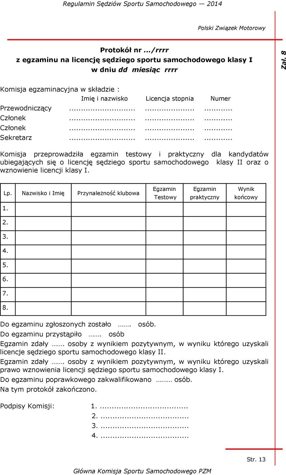 ........ Komisja przeprowadziła egzamin testowy i praktyczny dla kandydatów ubiegających się o licencję sędziego sportu samochodowego klasy II oraz o wznowienie licencji klasy I. Lp.