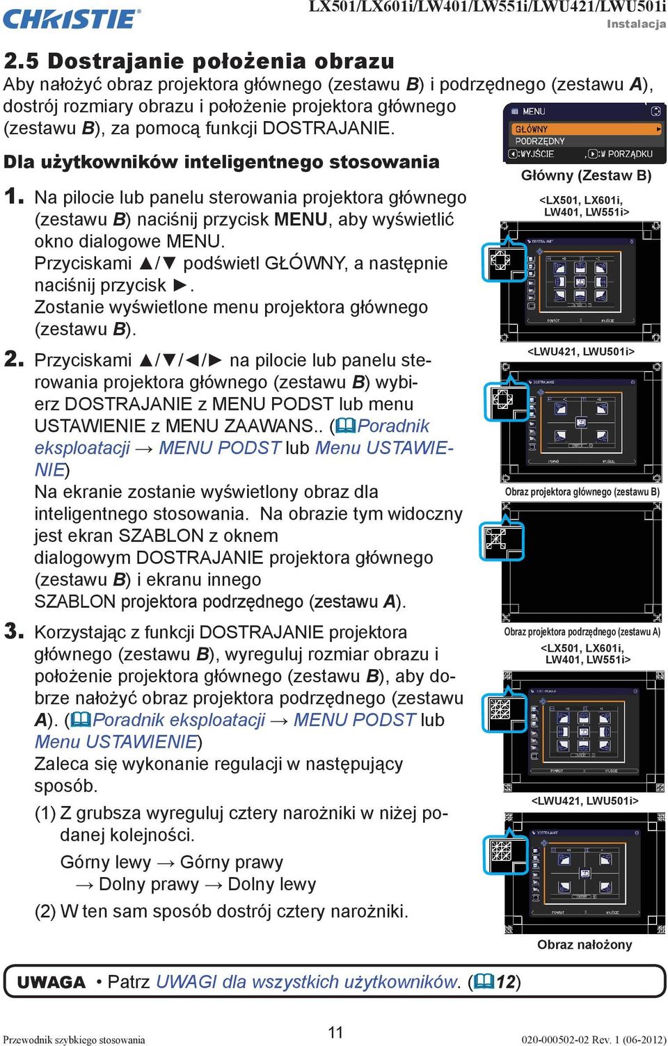 DOSTRAJANIE. Dla użytkowników inteligentnego stosowania 1. Na pilocie lub panelu sterowania projektora głównego (zestawu B) naciśnij przycisk MENU, aby wyświetlić okno dialogowe MENU.