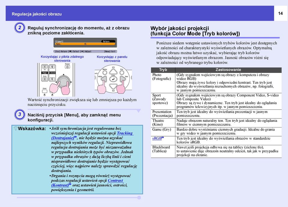 dostępnych wzależności od charakterystyki wyświetlanych obrazów. Optymalną jakość obrazu można łatwo uzyskać, wybierając tryb kolorów odpowiadający wyświetlanym obrazom.