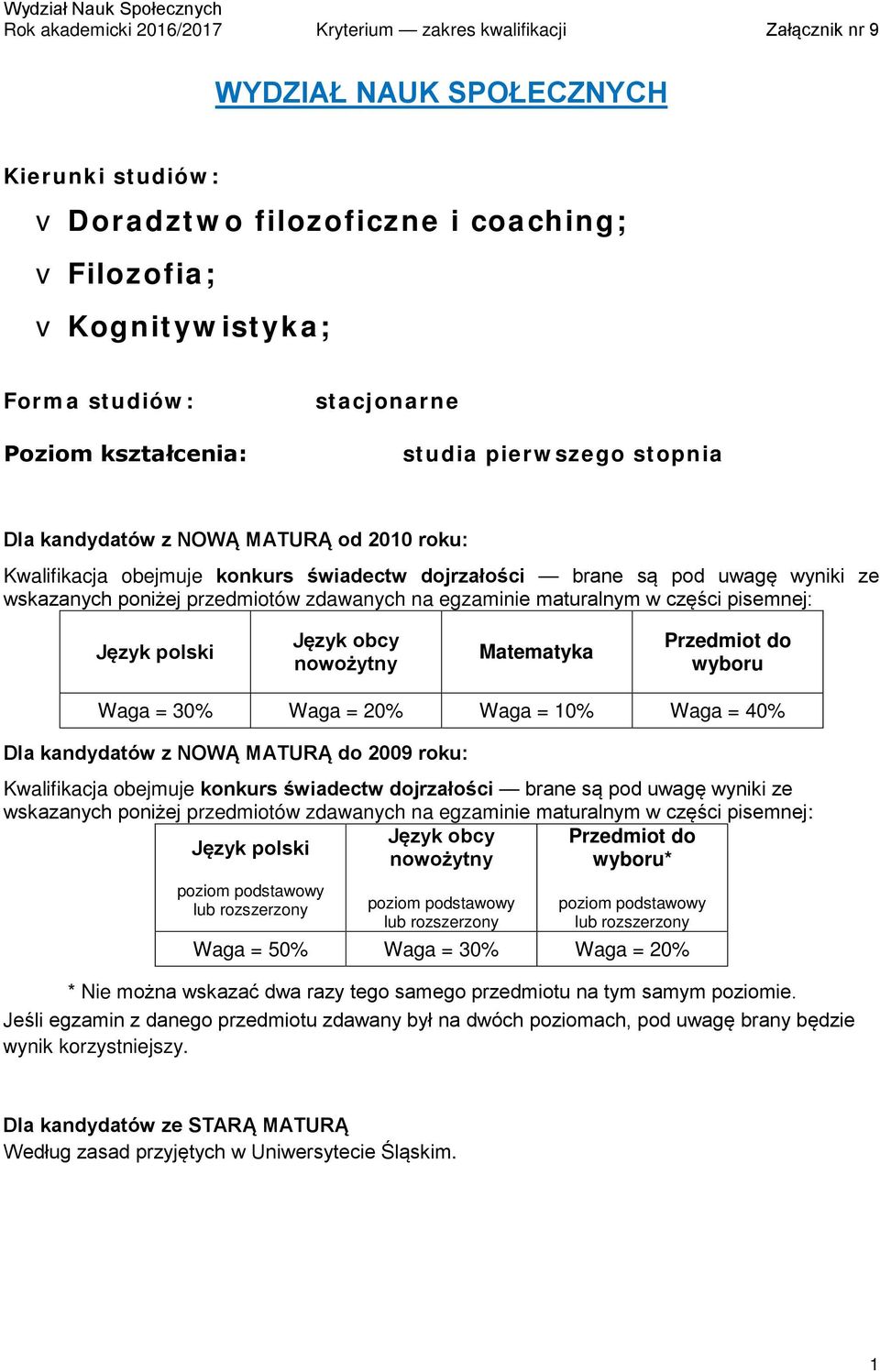 Przedmiot do Język polski nowożytny wyboru* Waga = 50% Waga = 30% Waga = 20% * Nie można wskazać dwa razy tego samego przedmiotu na tym samym poziomie.