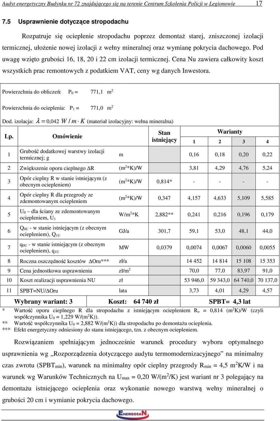 dachowego. Pod uwagę wzięto grubości 16, 18, 20 i 22 cm izolacji termicznej. Cena Nu zawiera całkowity koszt wszystkich prac remontowych z podatkiem VAT, ceny wg danych Inwestora.