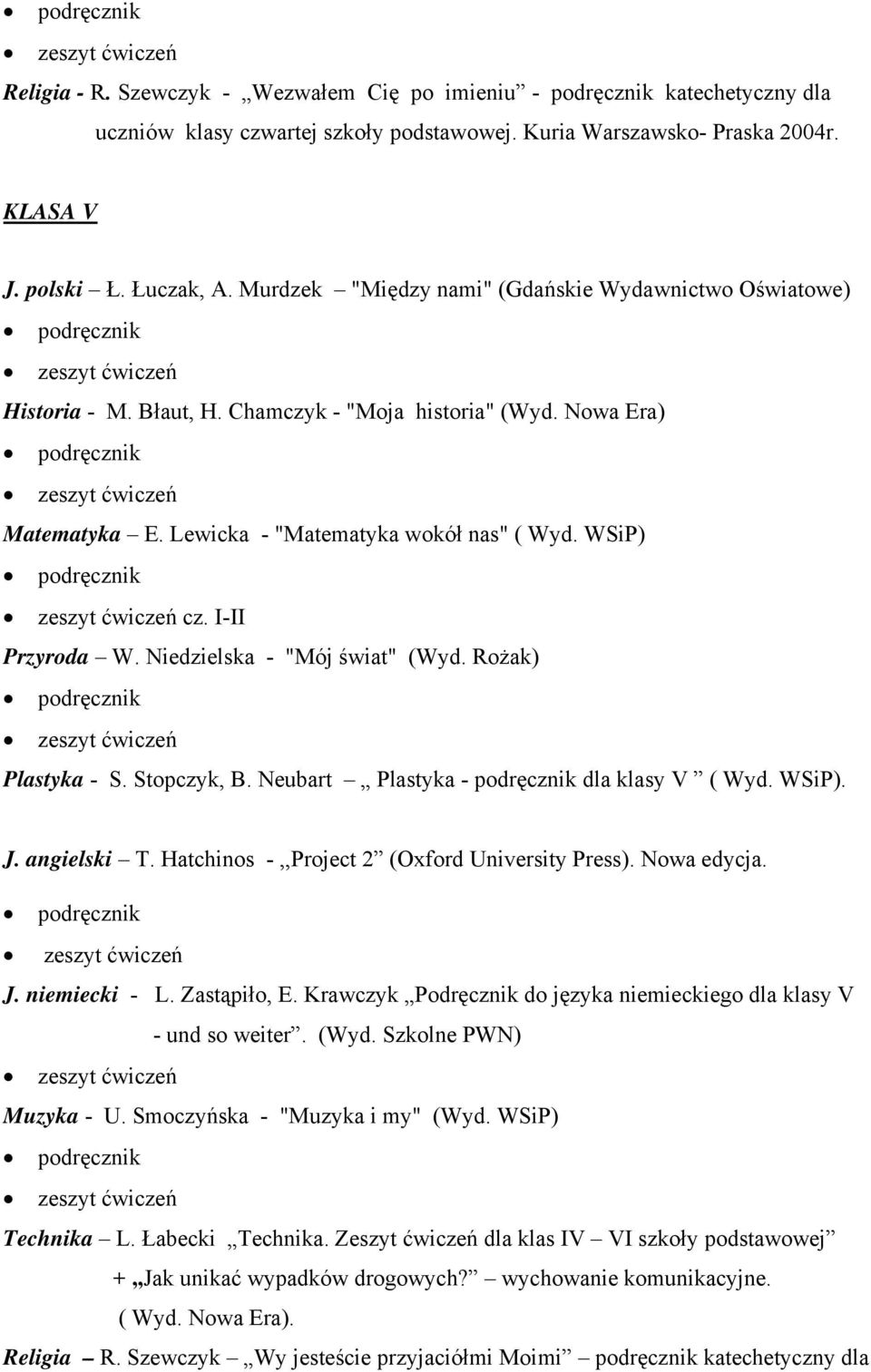 I-II Przyroda W. Niedzielska - "Mój świat" (Wyd. Rożak) Plastyka - S. Stopczyk, B. Neubart Plastyka - podręcznik dla klasy V ( Wyd. WSiP). J. angielski T.