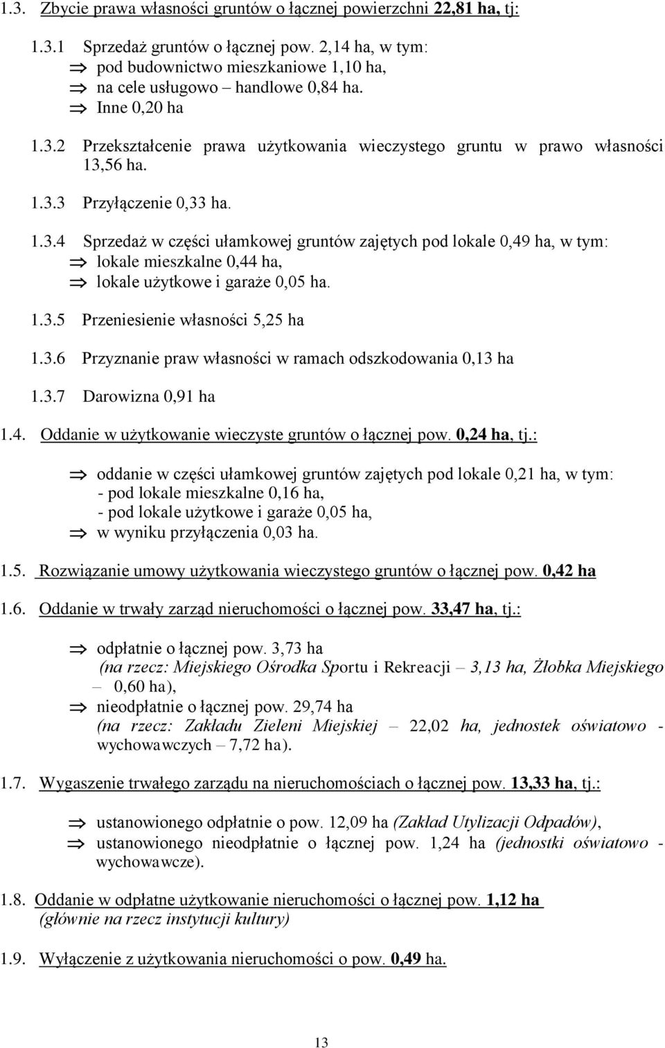 3.6 Przyznanie praw własności w ramach odszkodowania 0,3 ha.3.7 Darowizna 0,9 ha.4. Oddanie w użytkowanie wieczyste gruntów o łącznej pow. 0,4 ha, tj.