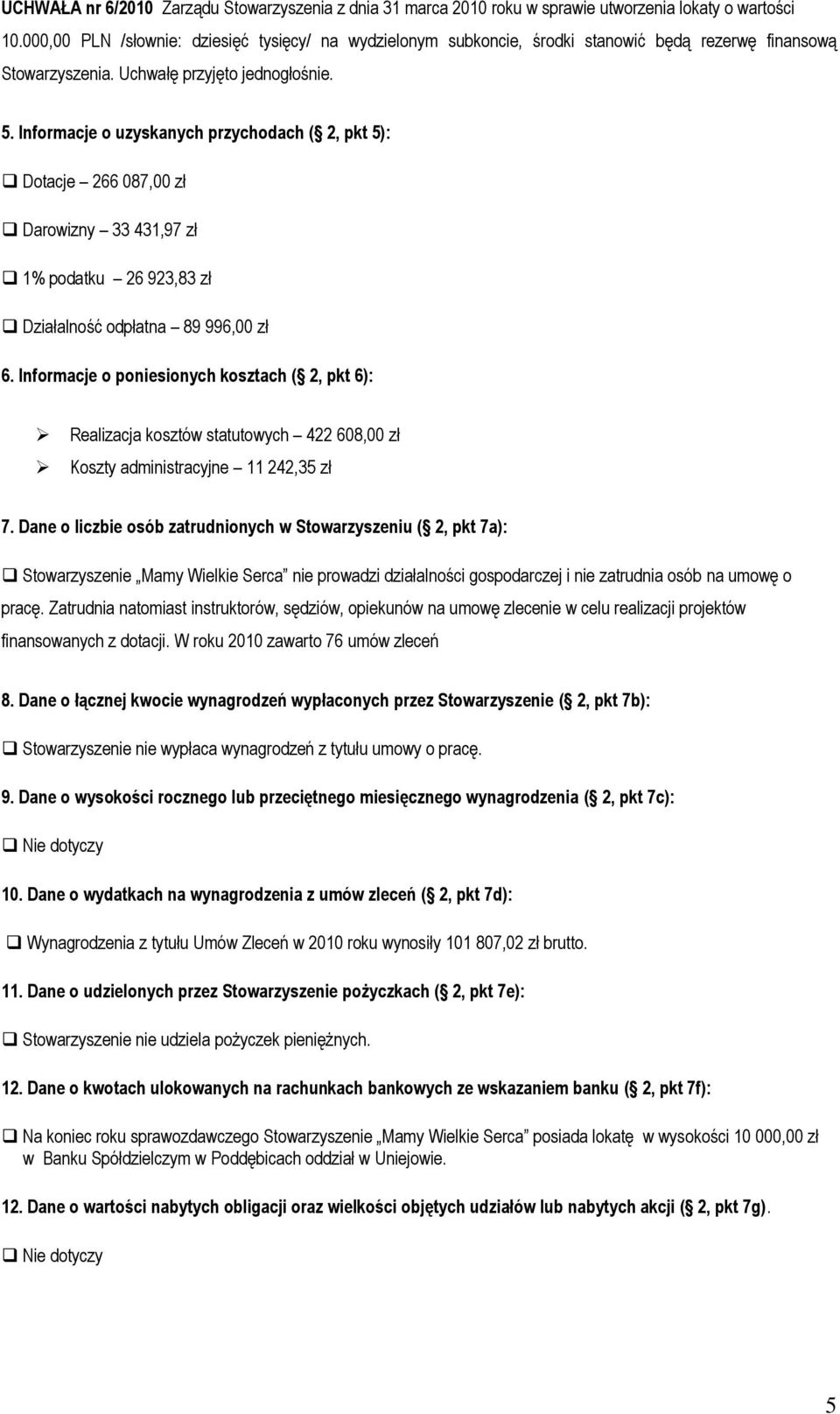 Informacje o uzyskanych przychodach ( 2, pkt 5): Dotacje 266 087,00 zł Darowizny 33 431,97 zł 1% podatku 26 923,83 zł Działalność odpłatna 89 996,00 zł 6.