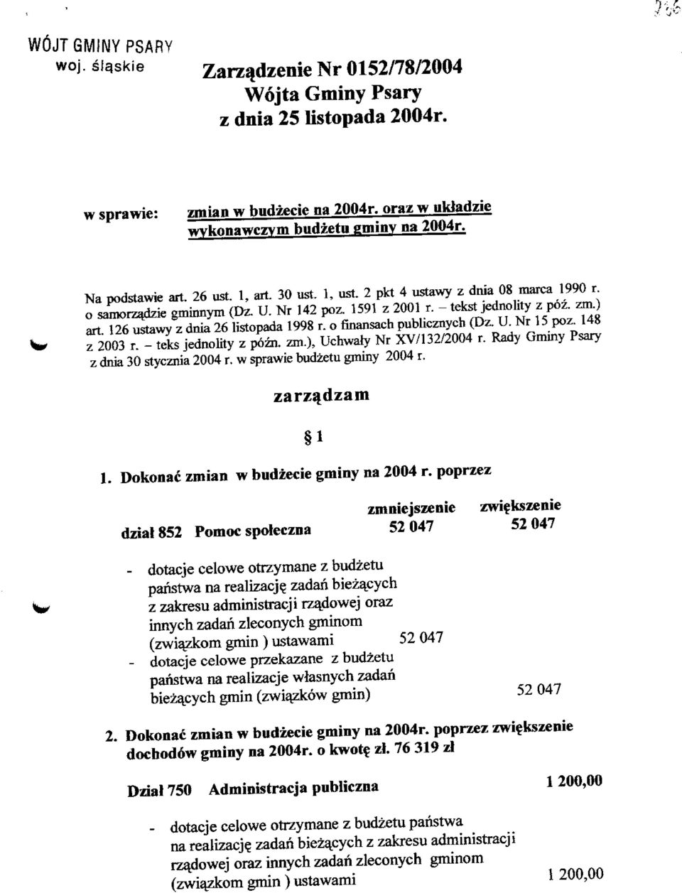 o finansach pubheznych (Dz. U. Nr 15 pot 148 z2oo3!i Ss jednolity z pozn. m), Uchwaty Nr XV/132/2004 r. Rady Gmmy Psary z dnia 30 stycznia 2004 r. w sprawie budzetu gminy 2004 r. zarz^dzam 1.