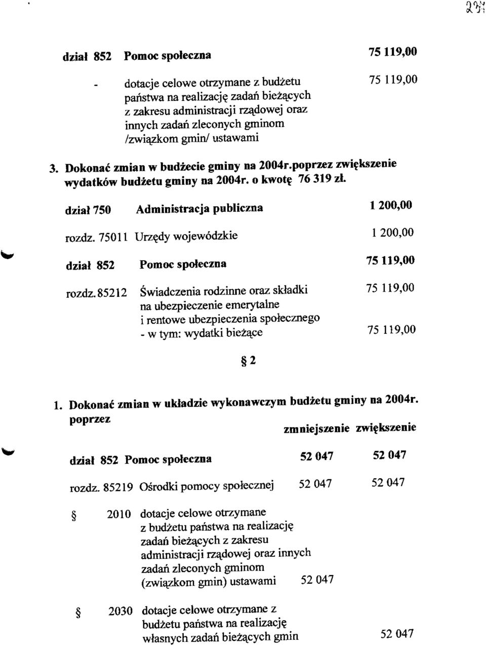 75011 Urze^dy wojewodzkie 1 200,00 dziaj 852 Pomoc spoteczna 75119,00 rozdz.