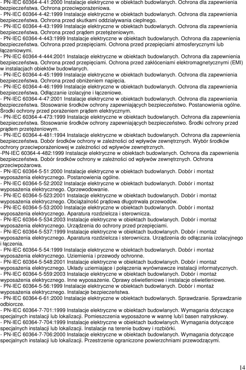 - PN-IEC 60364-4-43:1999 Instalacje elektryczne w obiektach budowlanych. Ochrona dla zapewnienia bezpieczeństwa. Ochrona przed prądem przetęŝeniowym.