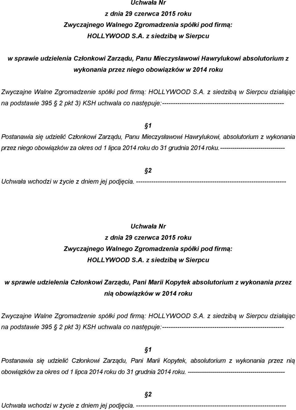 Hawrylukowi, absolutorium z wykonania przez niego obowiązków za okres od 1 lipca 2014 roku do 31 grudnia 2014 roku.