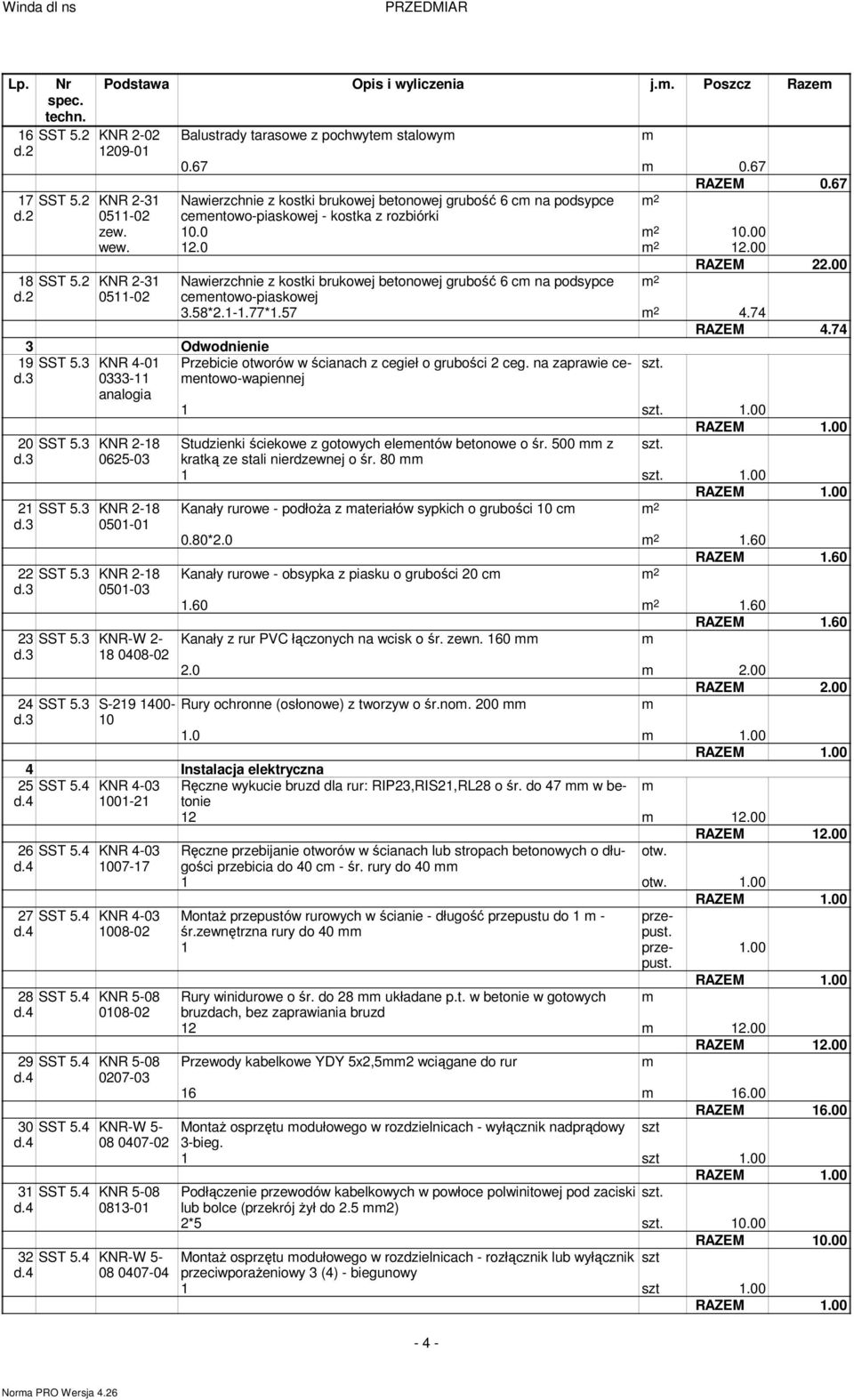 2 KNR 2-31 Nawierzchnie z kostki brukowej betonowej grubość 6 c na podsypce 2 d.2 0511-02 ceentowo-piaskowej 3.58*2.1-1.77*1.57 2 4.74 RAZEM 4.74 3 Odwodnienie 19 d.