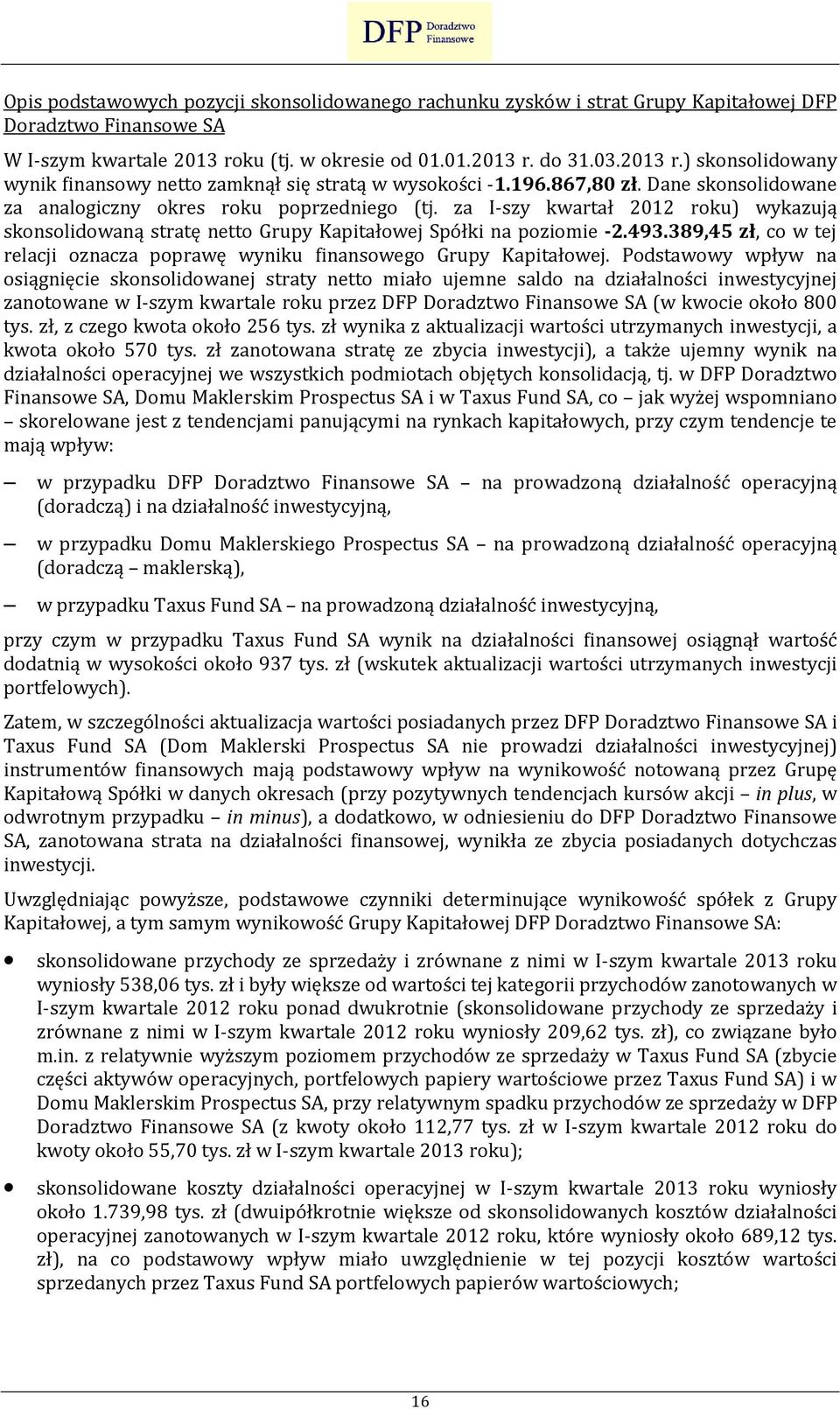 Dane skonsolidowane za analogiczny okres roku poprzedniego (tj. za I-szy kwartał 2012 roku) wykazują skonsolidowaną stratę netto Grupy Kapitałowej Spółki na poziomie -2.493.