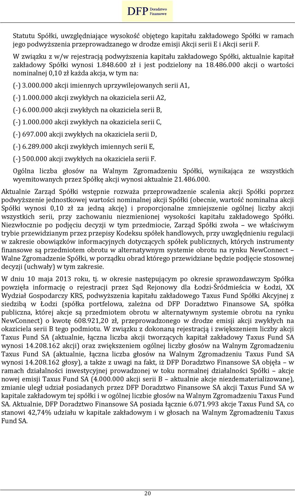 000 akcji o wartości nominalnej 0,10 zł każda akcja, w tym na: (-) 3.000.000 akcji imiennych uprzywilejowanych serii A1, (-) 1.000.000 akcji zwykłych na okaziciela serii A2, (-) 6.000.000 akcji zwykłych na okaziciela serii B, (-) 1.