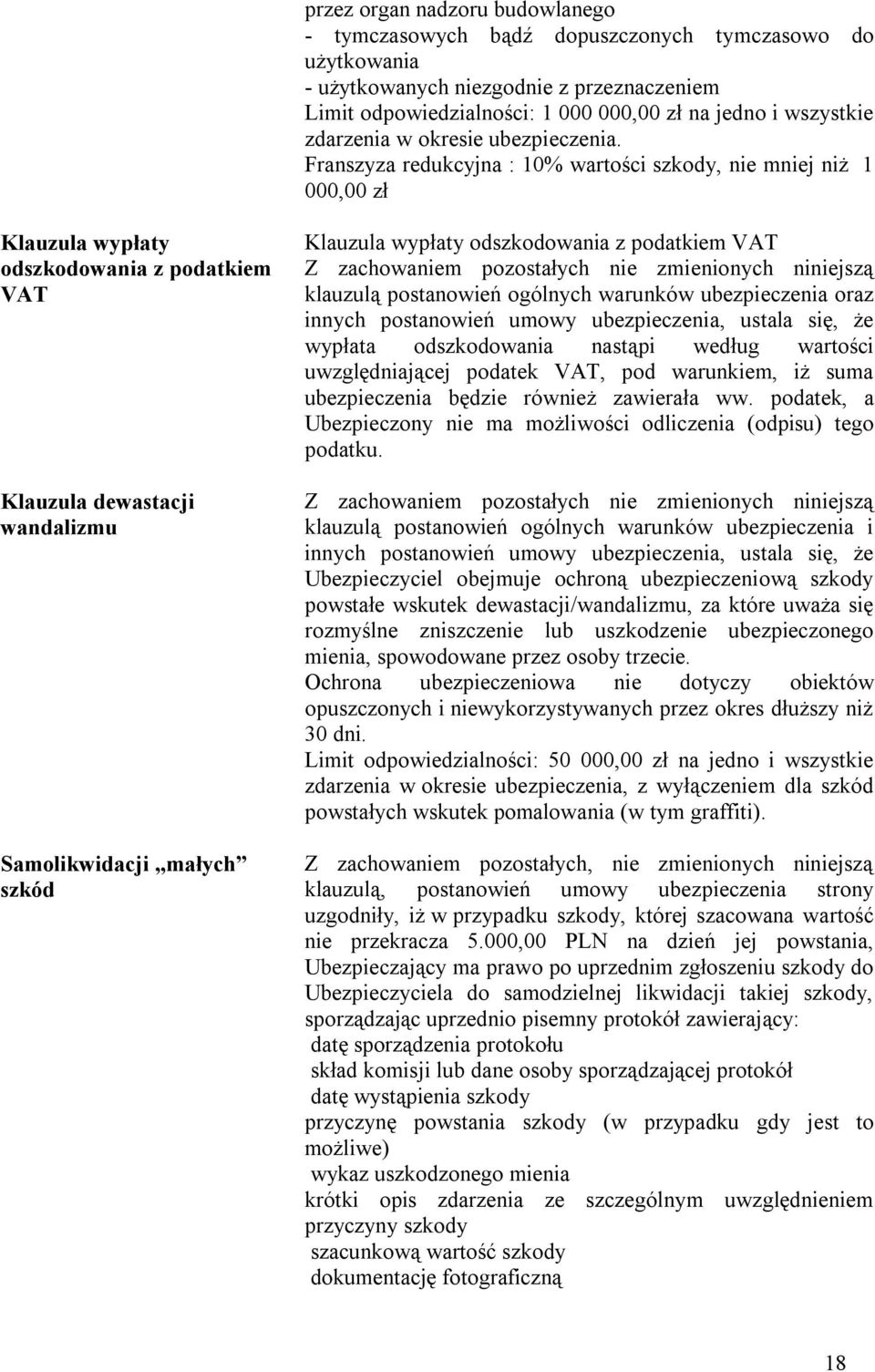 Franszyza redukcyjna : 10% wartości szkody, nie mniej niż 1 000,00 zł Klauzula wypłaty odszkodowania z podatkiem VAT Klauzula dewastacji wandalizmu Samolikwidacji małych szkód Klauzula wypłaty