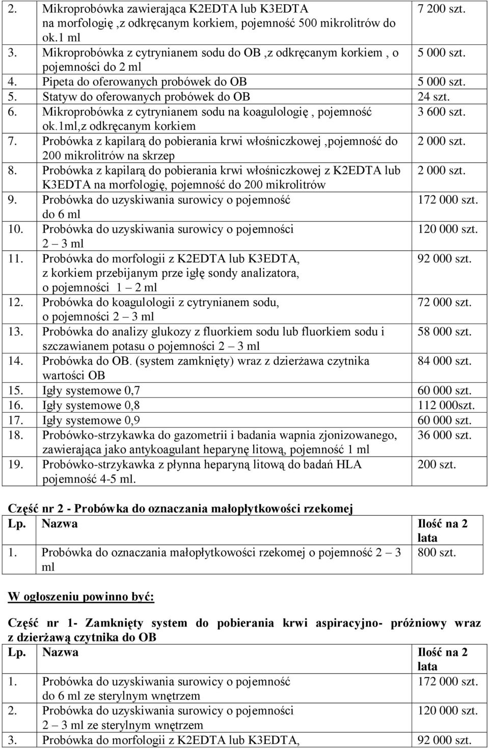 Mikroprobówka z cytrynianem sodu na koagulologię, pojemność 3 600 szt. ok.1ml,z odkręcanym korkiem 7. Probówka z kapilarą do pobierania krwi włośniczkowej,pojemność do 2 000 szt.