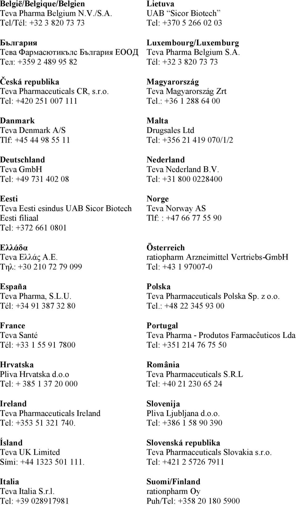 Ελλάς Α.Ε. Τηλ: +30 210 72 79 099 España Teva Pharma, S.L.U. Tél: +34 91 387 32 80 France Teva Santé Tél: +33 1 55 91 7800 Hrvatska Pliva Hrvatska d.o.