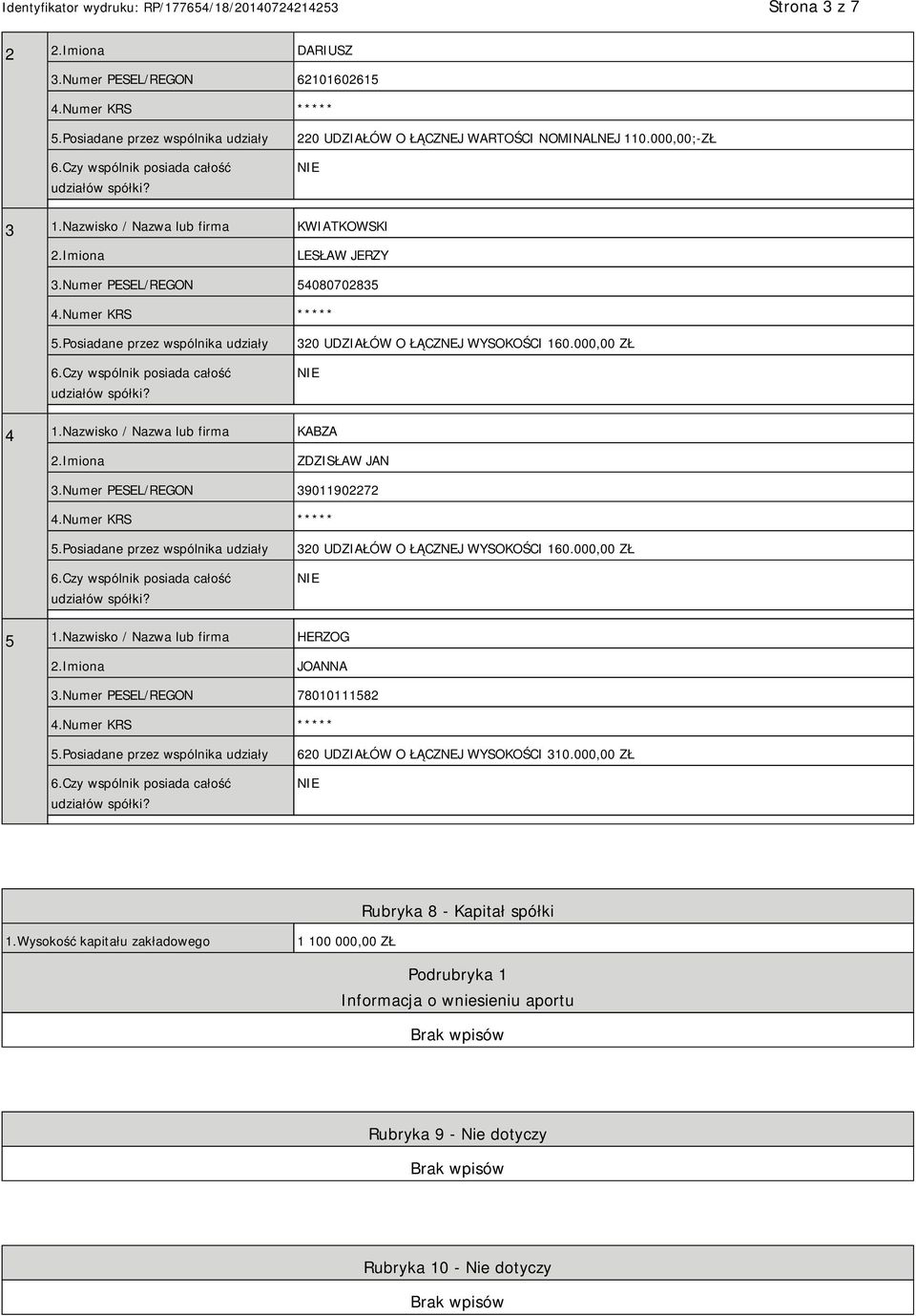 Nazwisko / Nazwa lub firma KABZA ZDZISŁAW JAN 3.Numer PESEL/REGON 39011902272 320 UDZIAŁÓW O ŁĄCZNEJ WYSOKOŚCI 160.000,00 ZŁ 5 1.