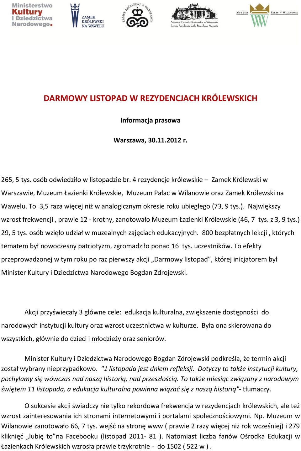 To 3,5 raza więcej niż w analogicznym okresie roku ubiegłego (73, 9 tys.). Największy wzrost frekwencji, prawie 12 - krotny, zanotowało Muzeum Łazienki Królewskie (46, 7 tys. z 3, 9 tys.) 29, 5 tys.