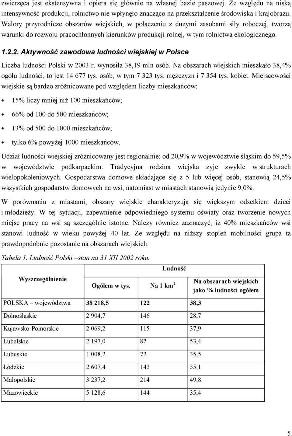 2. Aktywność zawodowa ludności wiejskiej w Polsce Liczba ludności Polski w 2003 r. wynosiła 38,19 mln osób. Na obszarach wiejskich mieszkało 38,4% ogółu ludności, to jest 14 677 tys.