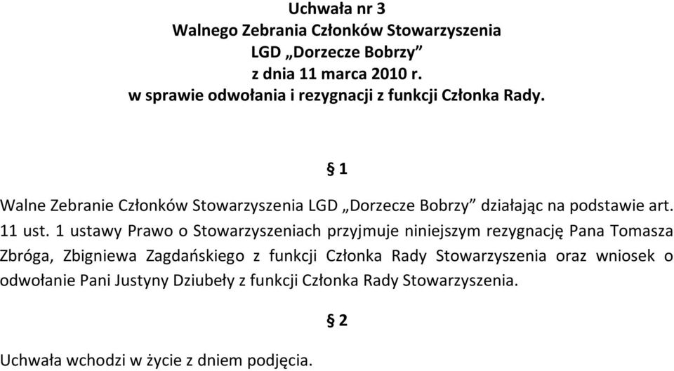 1 ustawy Prawo o Stowarzyszeniach przyjmuje niniejszym rezygnację Pana Tomasza Zbróga,