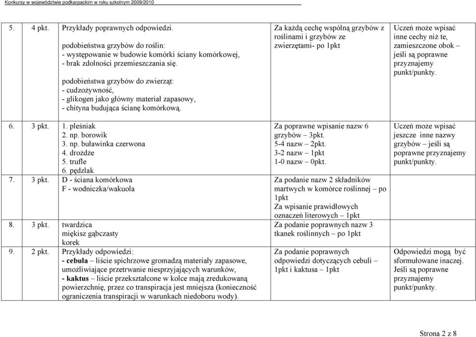 drożdże 5. trufle 6. pędzlak 7. 3 pkt. D - ściana komórkowa F - wodniczka/wakuola 8. 3 pkt. twardzica miękisz gąbczasty korek 9. 2 pkt.