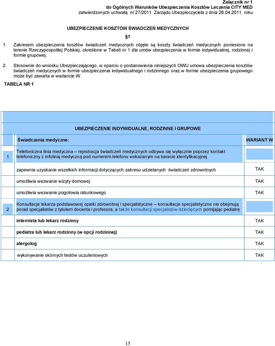 Zakresem ubezpieczenia kosztów świadczeń medycznych objęte są koszty świadczeń medycznych poniesione na terenie Rzeczypospolitej Polskiej, określone w Tabeli nr 1 dla umów ubezpieczenia w formie