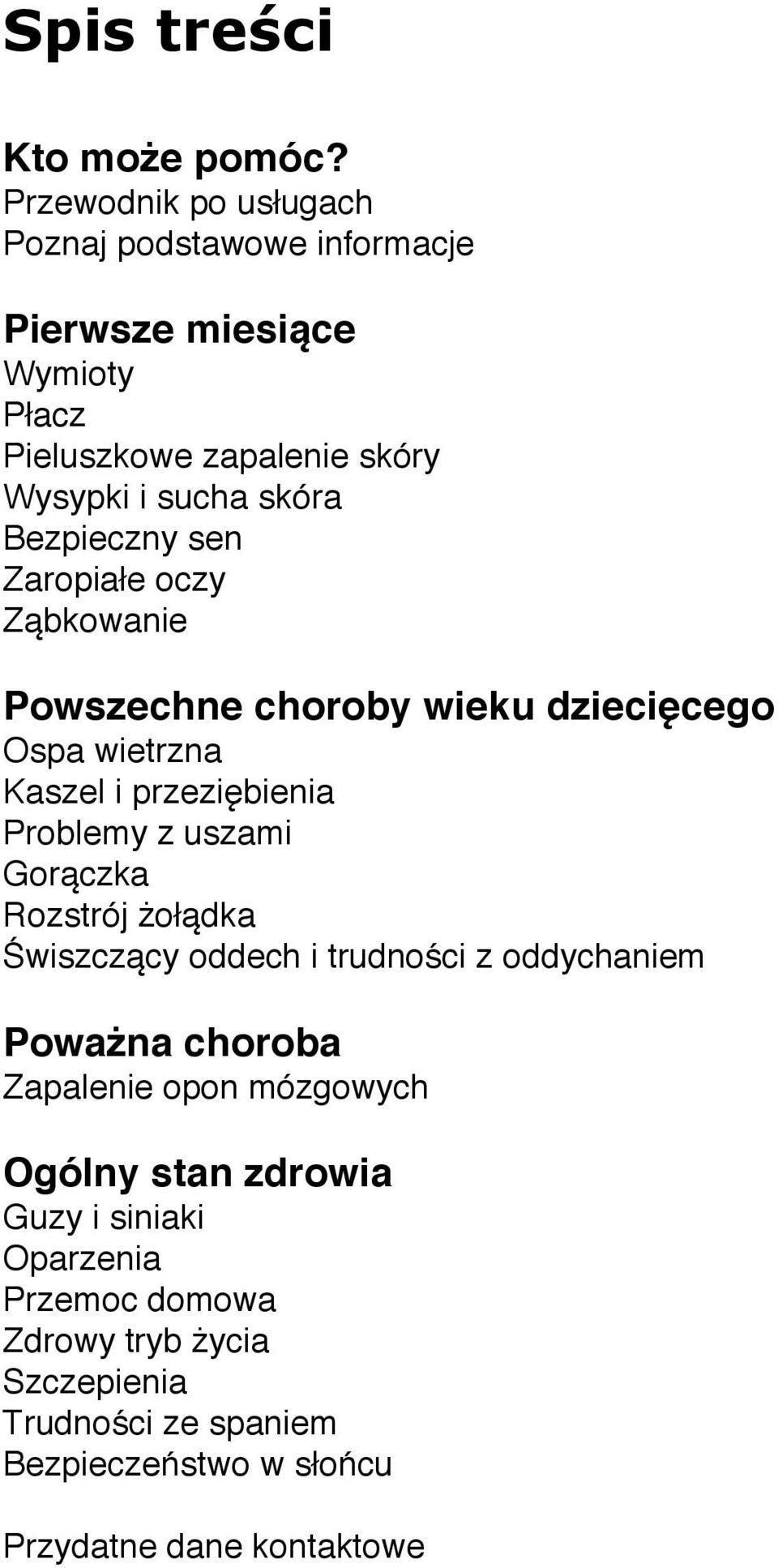 Bezpieczny sen Zaropiałe oczy Ząbkowanie Powszechne choroby wieku dziecięcego Ospa wietrzna Kaszel i przeziębienia Problemy z uszami Gorączka