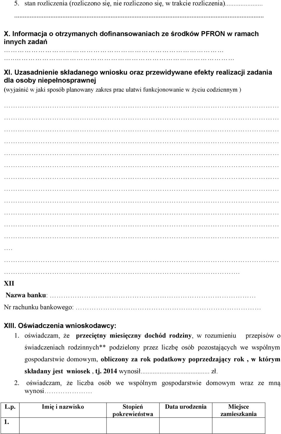 . XII Nazwa banku: Nr rachunku bankowego: XIII. Oświadczenia wnioskodawcy: 1.