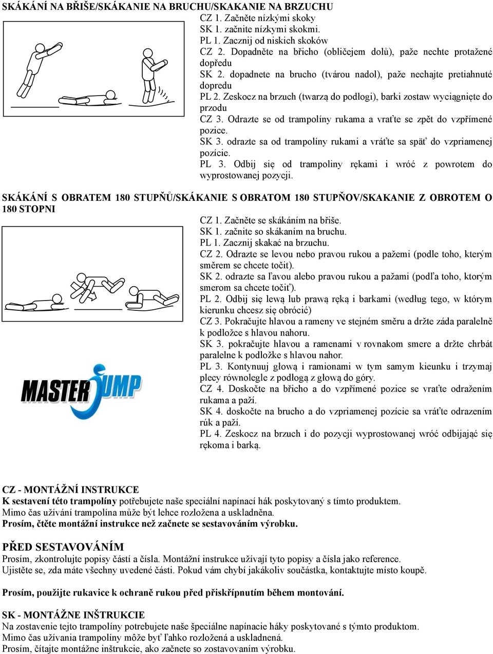 Zeskocz na brzuch (twarzą do podłogi), barki zostaw wyciągnięte do przodu CZ 3. Odrazte se od trampolíny rukama a vraťte se zpět do vzpřímené pozice. SK 3.
