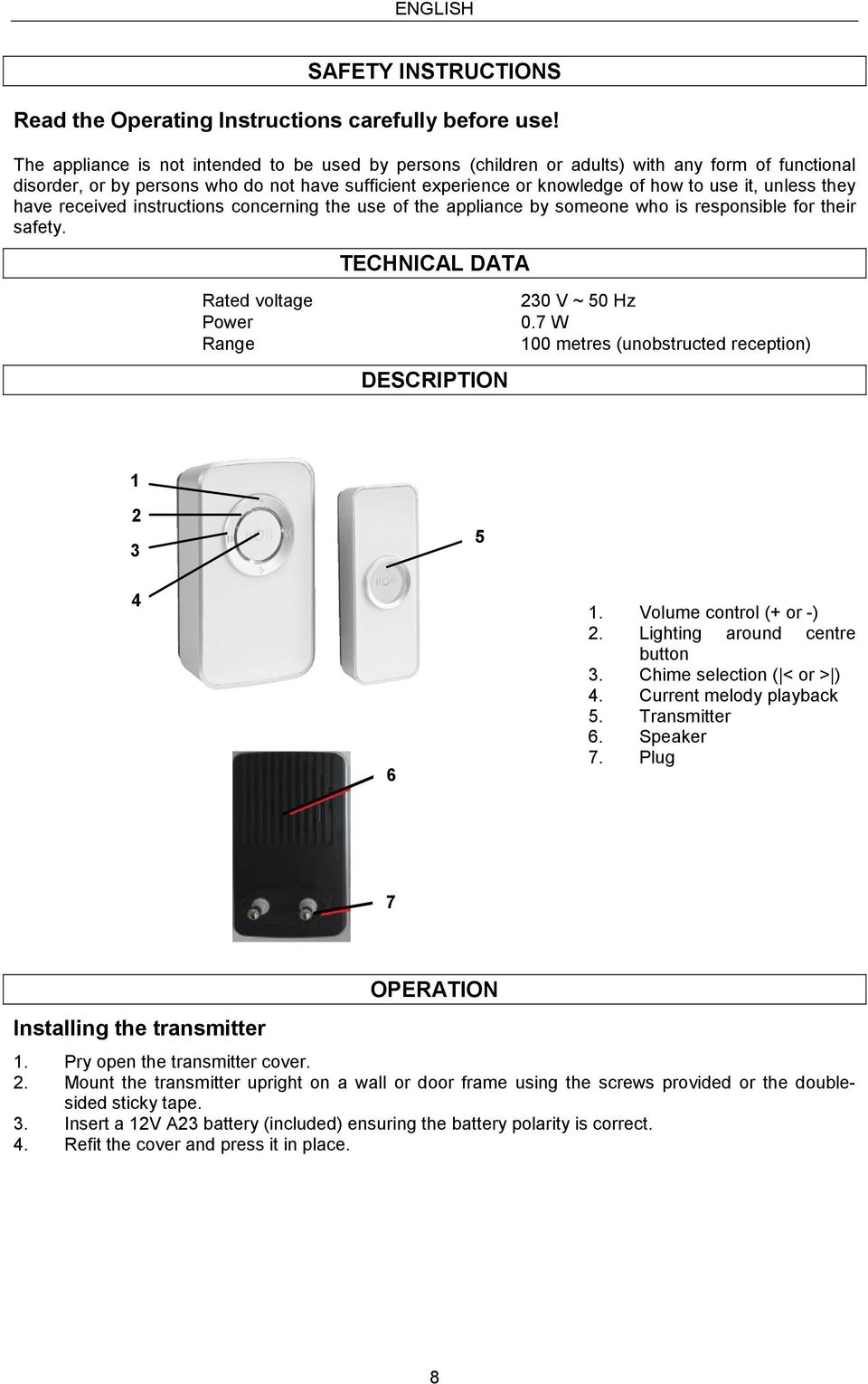 unless they have received instructions concerning the use of the appliance by someone who is responsible for their safety. Rated voltage Power Range TECHNICAL DATA DESCRIPTION 230 V ~ 50 Hz 0.