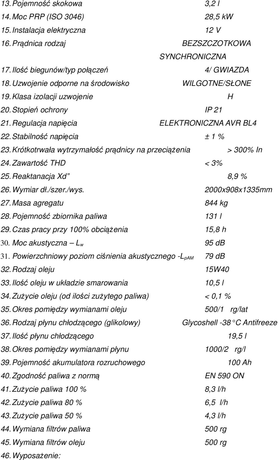 Krótkotrwała wytrzymałość prądnicy na przeciążenia > 300% In 24. Zawartość THD < 3% 25. Reaktanacja Xd 8,9 % 26. Wymiar dł./szer./wys. 2000x908x1335mm 27. Masa agregatu 844 kg 28.