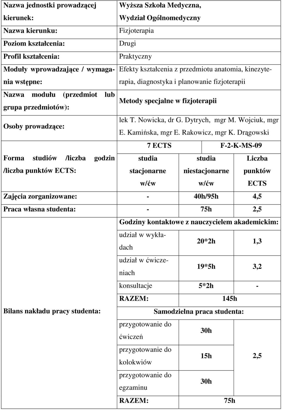 diagnostyka i planowanie fizjoterapii Metody specjalne w fizjoterapii lek T. Nowicka, dr G. Dytrych, mgr M. Wojciuk, mgr E. Kamińska, mgr E. Rakowicz, mgr K.