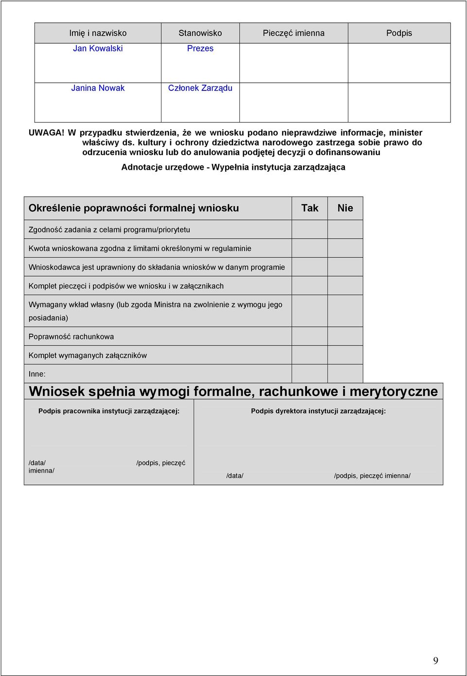 Określenie poprawności formalnej wniosku Tak Nie Zgodność zadania z celami programu/priorytetu Kwota wnioskowana zgodna z limitami określonymi w regulaminie Wnioskodawca jest uprawniony do składania