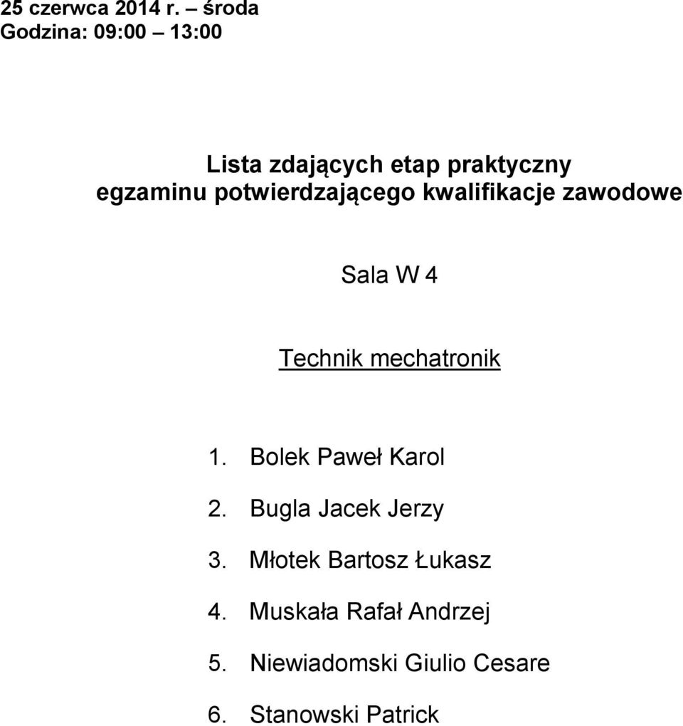 Sala W 4 Technik mechatronik 1. Bolek Paweł Karol 2.