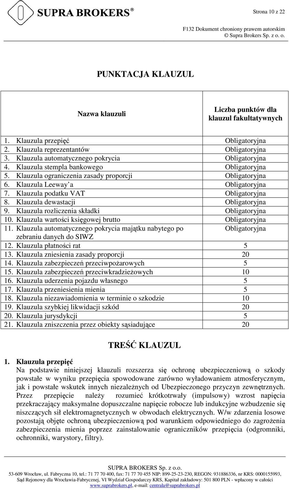 Klauzula podatku VAT Obligatoryjna 8. Klauzula dewastacji Obligatoryjna 9. Klauzula rozliczenia składki Obligatoryjna 10. Klauzula wartości księgowej brutto Obligatoryjna 11.